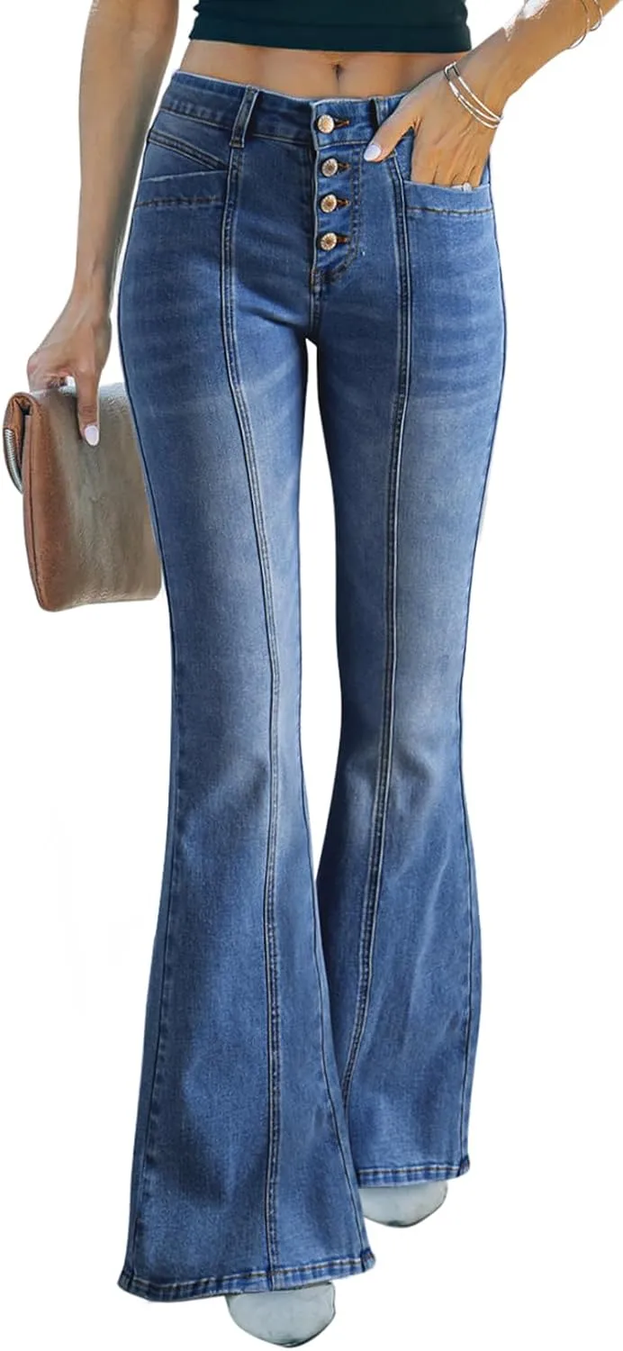 Sidefeel Women's High Waisted Jeans Wide Leg Button Fly Bell Bottoms Flared Zimbaplatinum Denim Pants