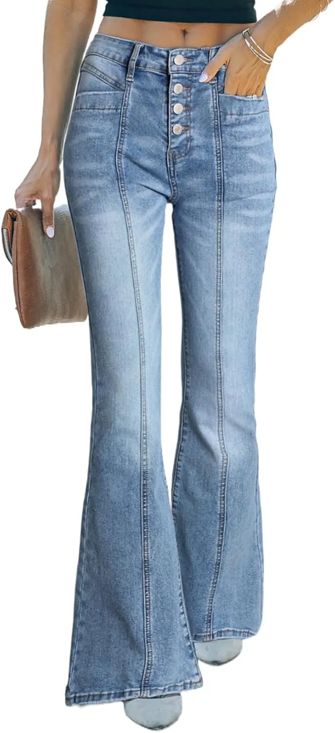 Sidefeel Women's High Waisted Jeans Wide Leg Button Fly Bell Bottoms Flared Zimbaplatinum Denim Pants