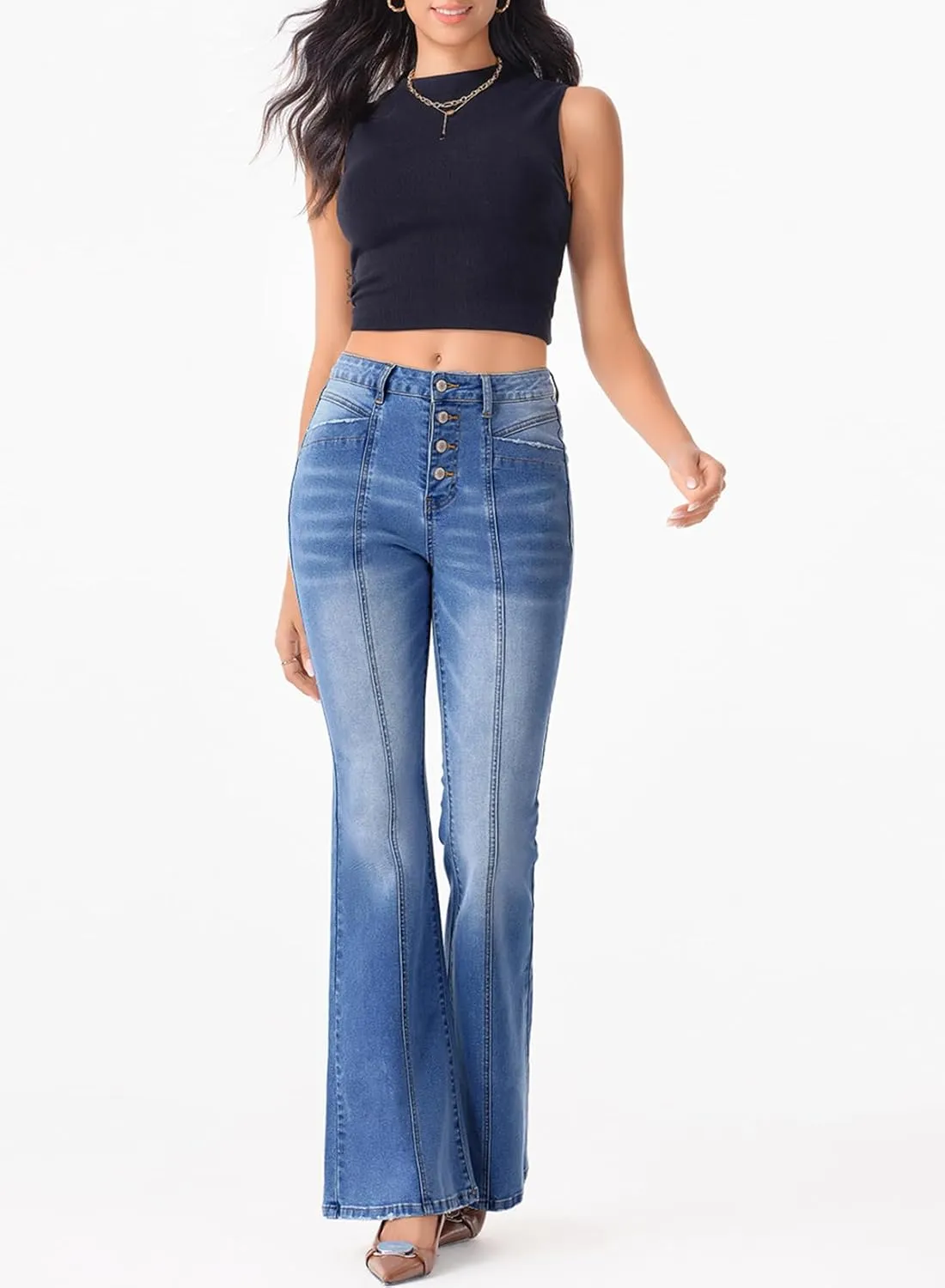 Sidefeel Women's High Waisted Jeans Wide Leg Button Fly Bell Bottoms Flared Zimbaplatinum Denim Pants