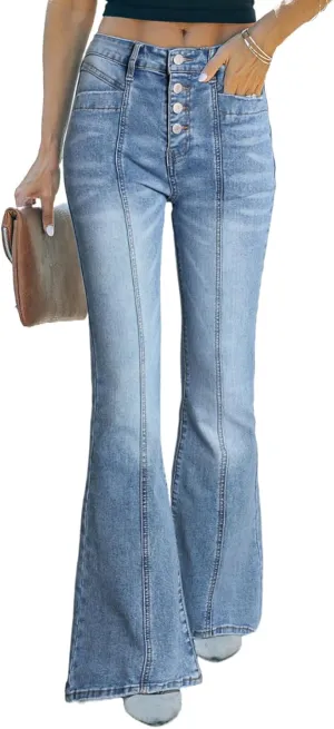 Sidefeel Women's High Waisted Jeans Wide Leg Button Fly Bell Bottoms Flared Zimbaplatinum Denim Pants
