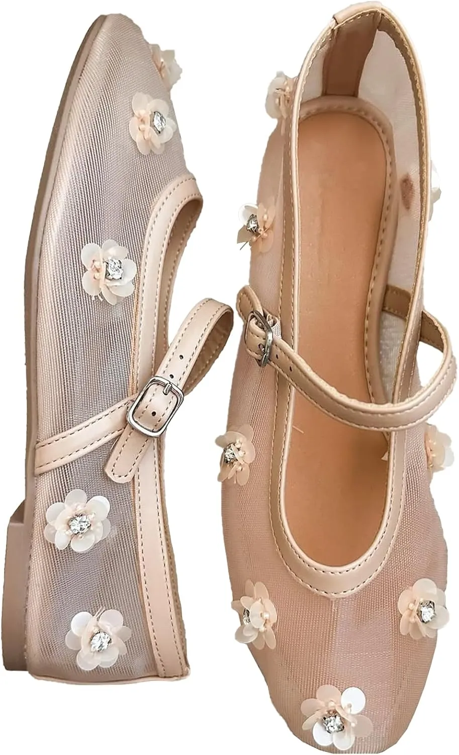 SIFINELAR Women's flowers mesh ballet flat buckle sandals