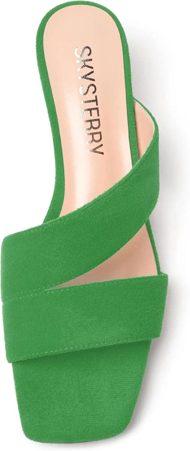 SKYSTERRY Womens Casual Open Toe Evening Suede Slip On Chunky Low Heel Heeled Sandals 1.5 Inch