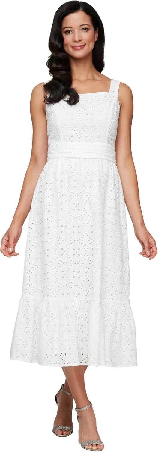 S.L. Fashions Women's Tea Length Cotton Eyelet Elegant Casual Spring/Summer Dress with Ruched Waist and Flounce Detail Hem