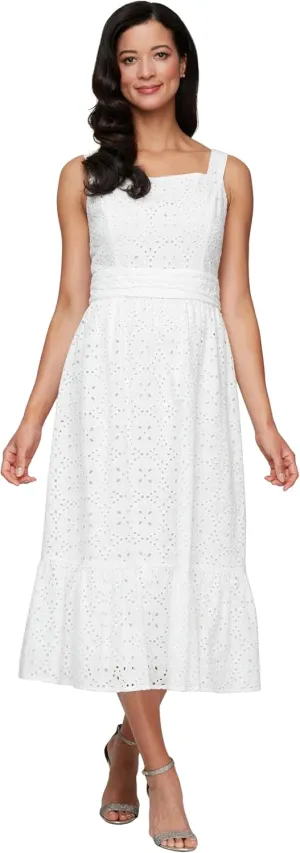 S.L. Fashions Women's Tea Length Cotton Eyelet Elegant Casual Spring/Summer Dress with Ruched Waist and Flounce Detail Hem
