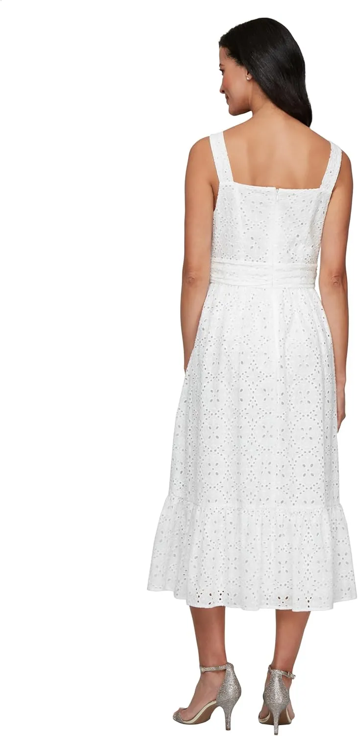 S.L. Fashions Women's Tea Length Cotton Eyelet Elegant Casual Spring/Summer Dress with Ruched Waist and Flounce Detail Hem