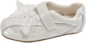Sneakerina Bow Ballet Sneakers for Women Cute Ballerina Sneakers Flat Breathable Mesh Leather No Slip Round Toes Straps Lightweight Dress Shoes Slip on Preppy Back to School Gifts for Girls Teens
