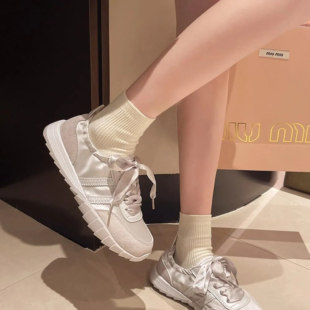 Sneakerina Satin Ballet Sneakers for Women Lace-Up Ballerina Sneakers Flat Round Toes Kawaii Y2K Lightweight Non-Slip Breathable Slip on Comfort Dress Shoes Preppy Back To School Gifts for Girls Teens