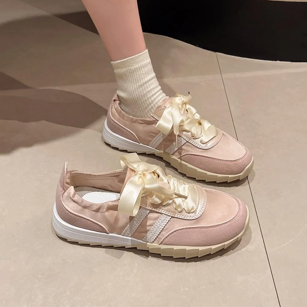 Sneakerina Satin Ballet Sneakers for Women Lace-Up Ballerina Sneakers Flat Round Toes Kawaii Y2K Lightweight Non-Slip Breathable Slip on Comfort Dress Shoes Preppy Back To School Gifts for Girls Teens