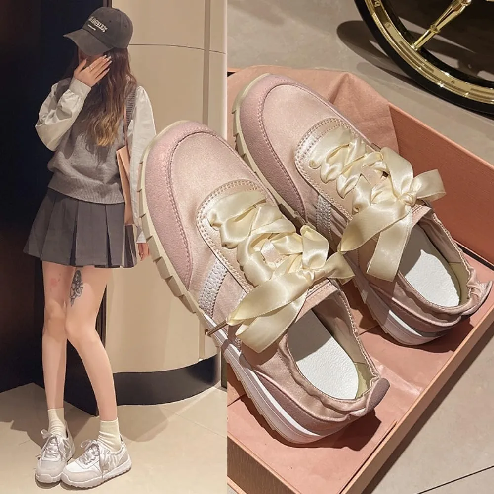 Sneakerina Satin Ballet Sneakers for Women Lace-Up Ballerina Sneakers Flat Round Toes Kawaii Y2K Lightweight Non-Slip Breathable Slip on Comfort Dress Shoes Preppy Back To School Gifts for Girls Teens