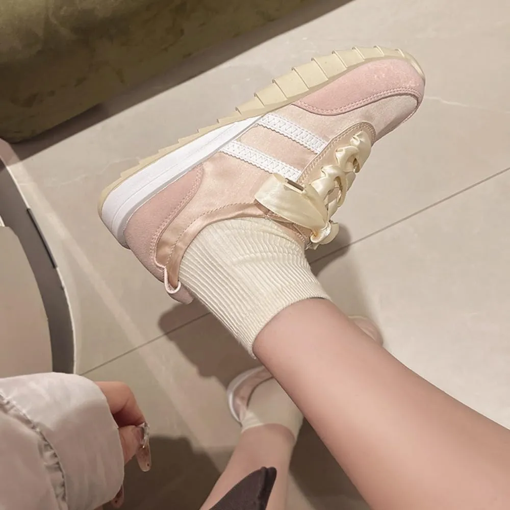Sneakerina Satin Ballet Sneakers for Women Lace-Up Ballerina Sneakers Flat Round Toes Kawaii Y2K Lightweight Non-Slip Breathable Slip on Comfort Dress Shoes Preppy Back To School Gifts for Girls Teens