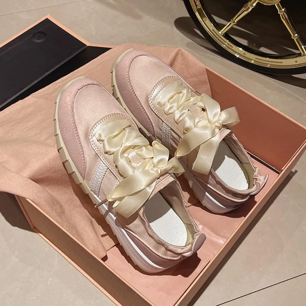 Sneakerina Satin Ballet Sneakers for Women Lace-Up Ballerina Sneakers Flat Round Toes Kawaii Y2K Lightweight Non-Slip Breathable Slip on Comfort Dress Shoes Preppy Back To School Gifts for Girls Teens