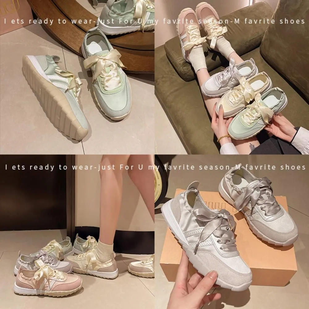Sneakerina Satin Ballet Sneakers for Women Lace-Up Ballerina Sneakers Flat Round Toes Kawaii Y2K Lightweight Non-Slip Breathable Slip on Comfort Dress Shoes Preppy Back To School Gifts for Girls Teens