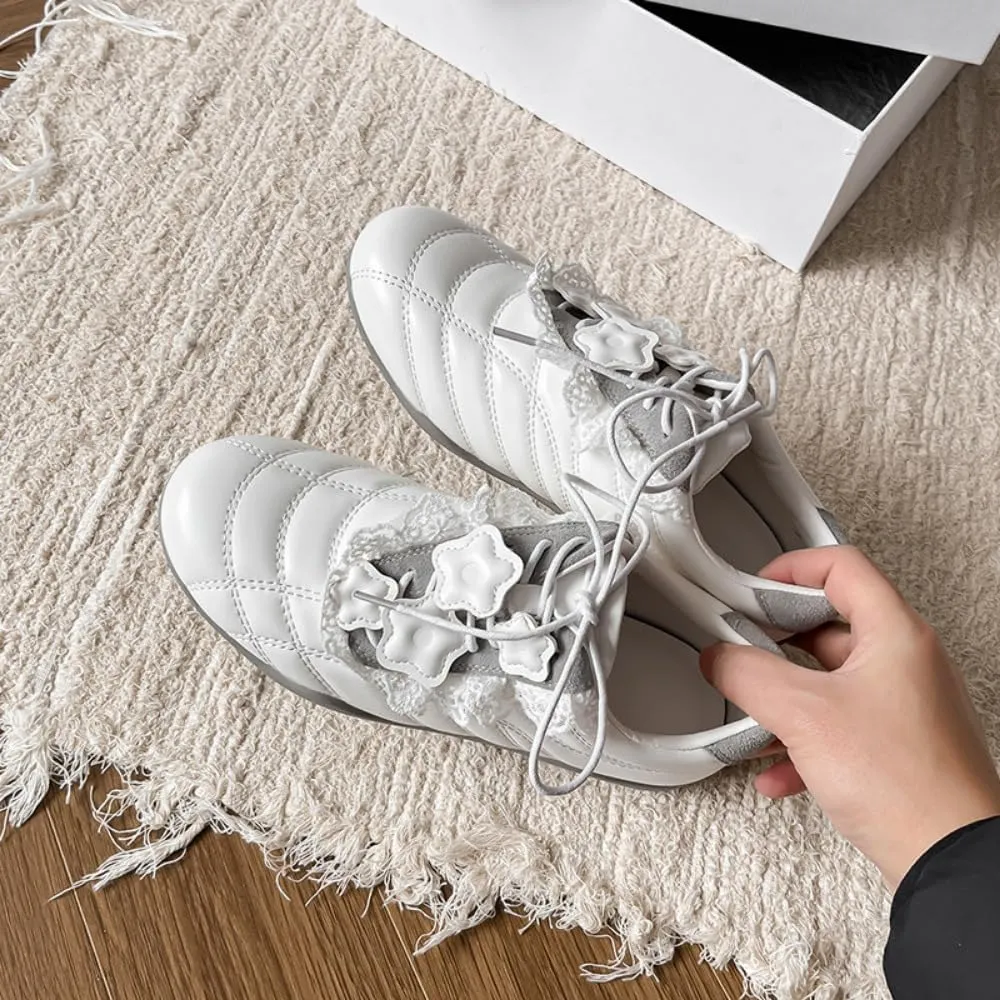 Sneakerina Silver Star Ballet Sneakers for Women Cute Ballerina Sneakers Flat Breathable Leather No Slip Round Toes Lace Up Lightweight Dress Shoes Slip on Preppy Back to School Gifts for Girls Teens