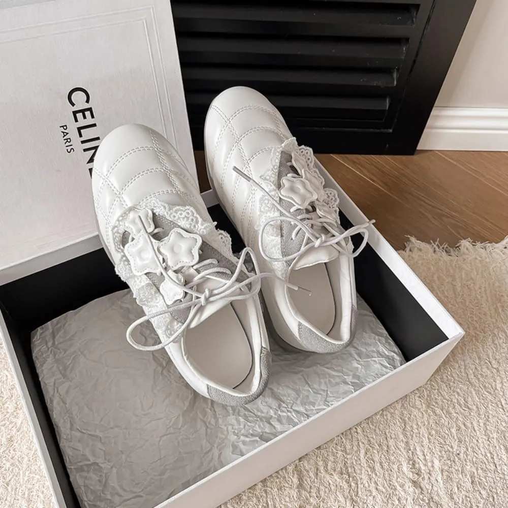 Sneakerina Silver Star Ballet Sneakers for Women Cute Ballerina Sneakers Flat Breathable Leather No Slip Round Toes Lace Up Lightweight Dress Shoes Slip on Preppy Back to School Gifts for Girls Teens
