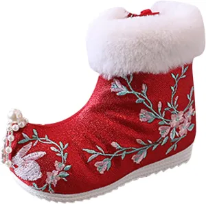 Soft Bottom Boots Baby Girls Ankle Pearl Boots Warm Cotton Boots Embroidered Boots National Boots (A, 3.5 Big Kids)