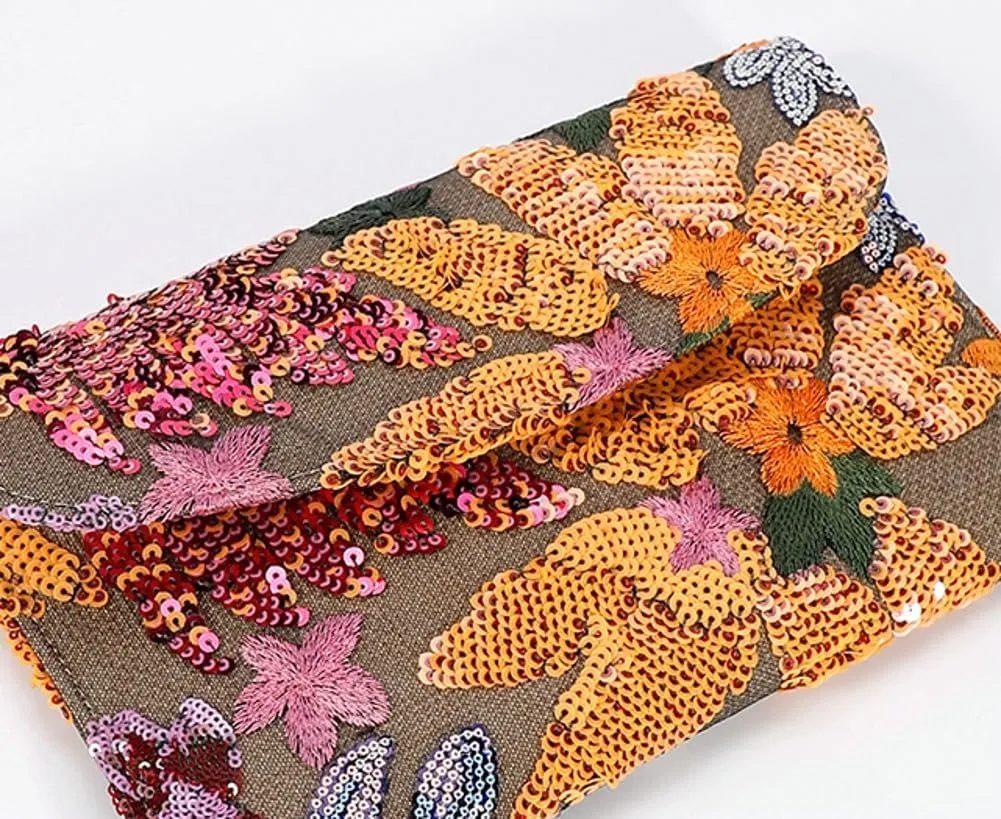 Solyinne Summer Straw Purses for Women Envelope Package, Sequin Embroidered Flowers Straw Bag Bohemian Handmade Handbags