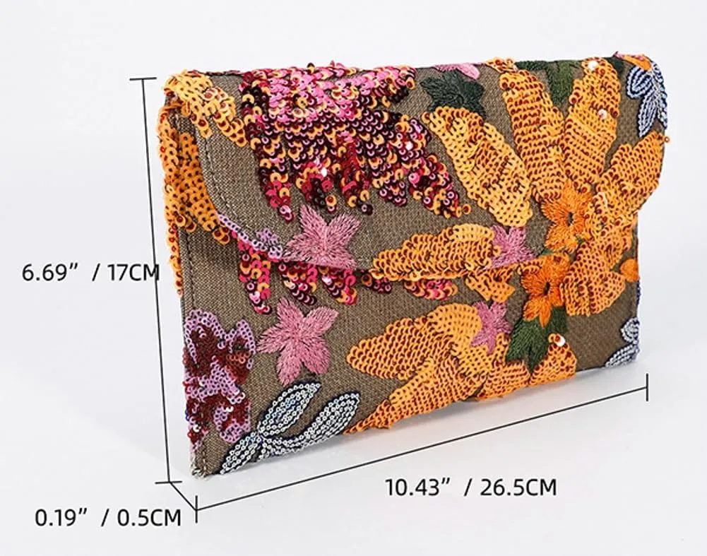 Solyinne Summer Straw Purses for Women Envelope Package, Sequin Embroidered Flowers Straw Bag Bohemian Handmade Handbags
