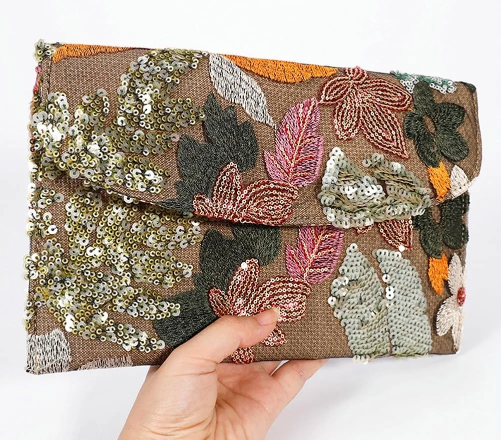 Solyinne Summer Straw Purses for Women Envelope Package, Sequin Embroidered Flowers Straw Bag Bohemian Handmade Handbags