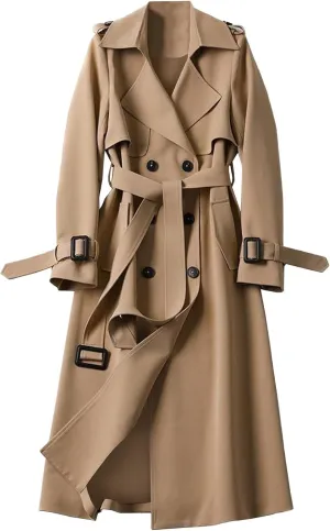 SOMTHRON Women's Double Breasted Long Trench Coat Belted Notch Lapel Overcoat Windproof Classic Outerwear