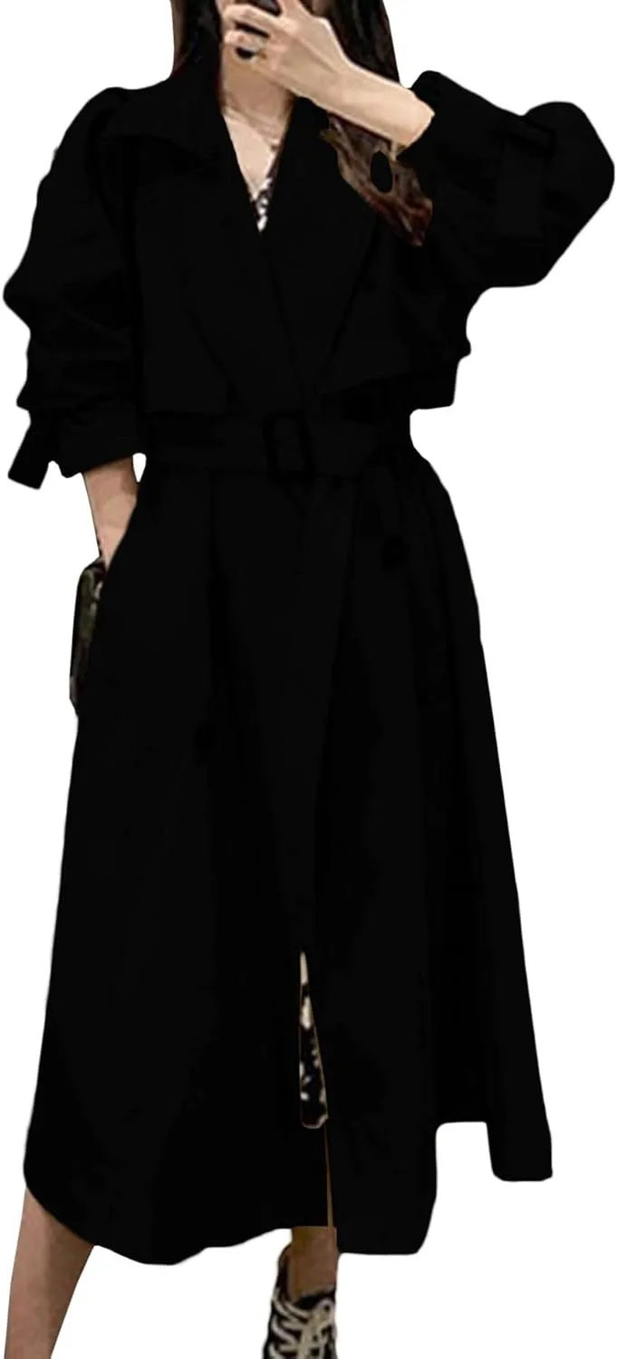 SOMTHRON Women's Double Breasted Long Trench Coat Belted Notch Lapel Overcoat Windproof Classic Outerwear