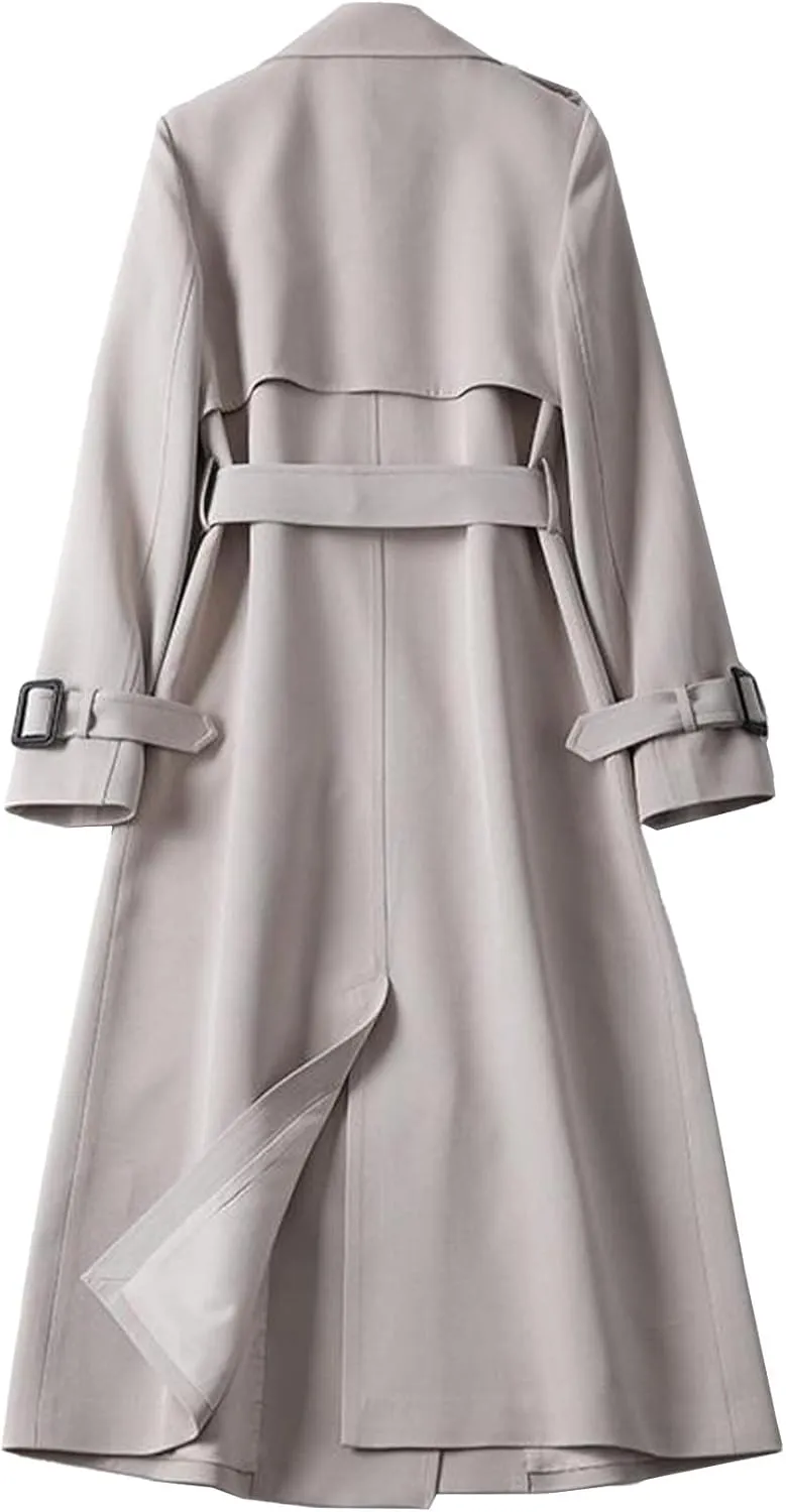 SOMTHRON Women's Double Breasted Long Trench Coat Belted Notch Lapel Overcoat Windproof Classic Outerwear
