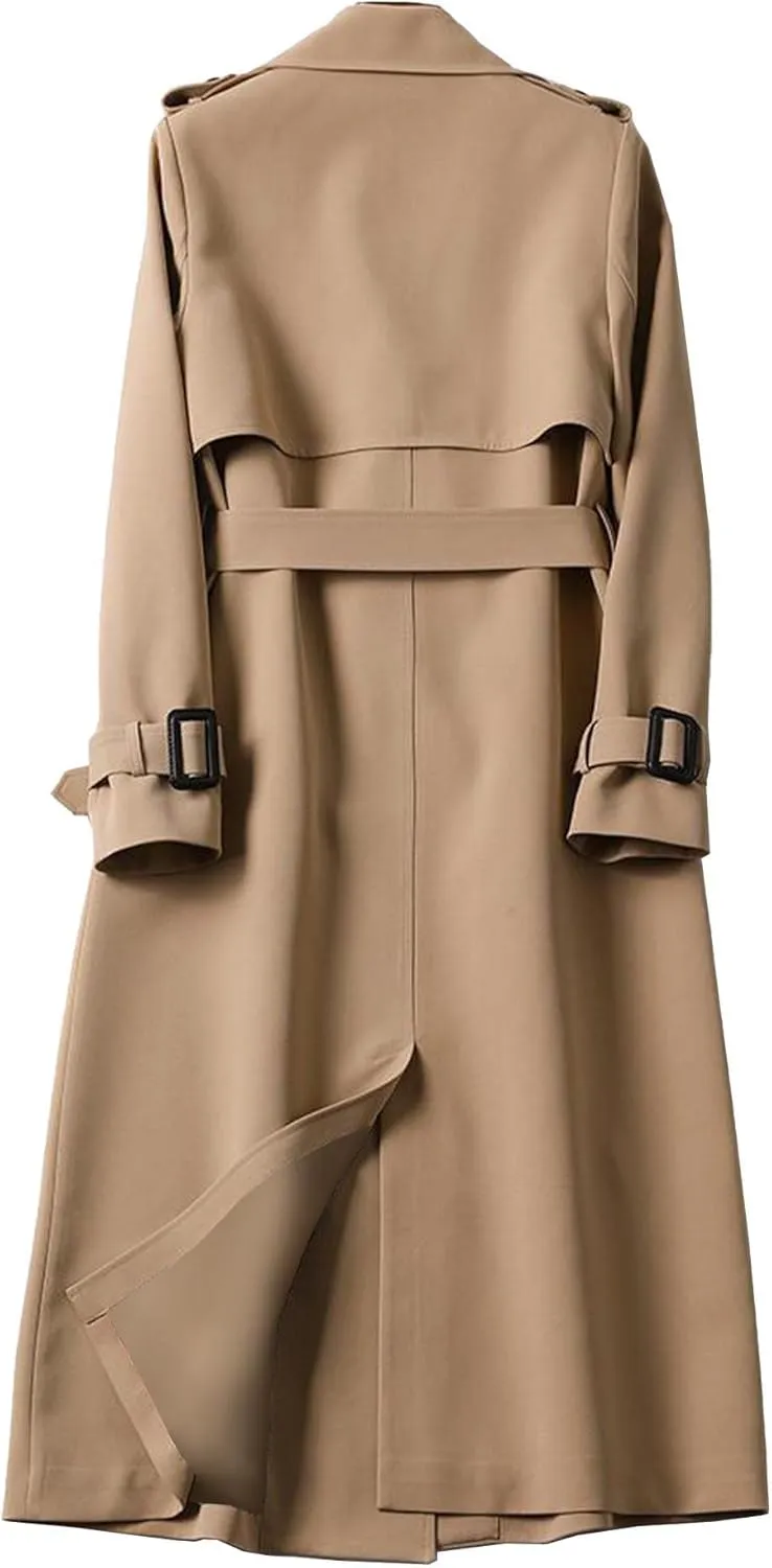 SOMTHRON Women's Double Breasted Long Trench Coat Belted Notch Lapel Overcoat Windproof Classic Outerwear