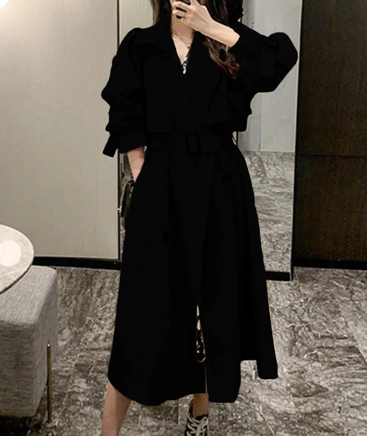 SOMTHRON Women's Double Breasted Long Trench Coat Belted Notch Lapel Overcoat Windproof Classic Outerwear