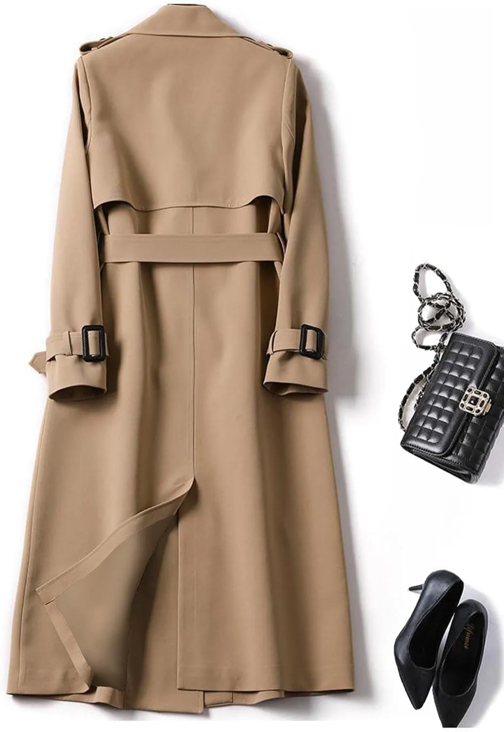 SOMTHRON Women's Double Breasted Long Trench Coat Belted Notch Lapel Overcoat Windproof Classic Outerwear