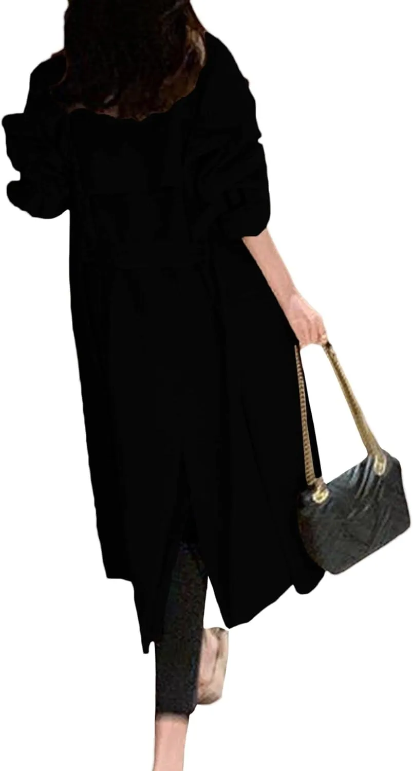 SOMTHRON Women's Double Breasted Long Trench Coat Belted Notch Lapel Overcoat Windproof Classic Outerwear