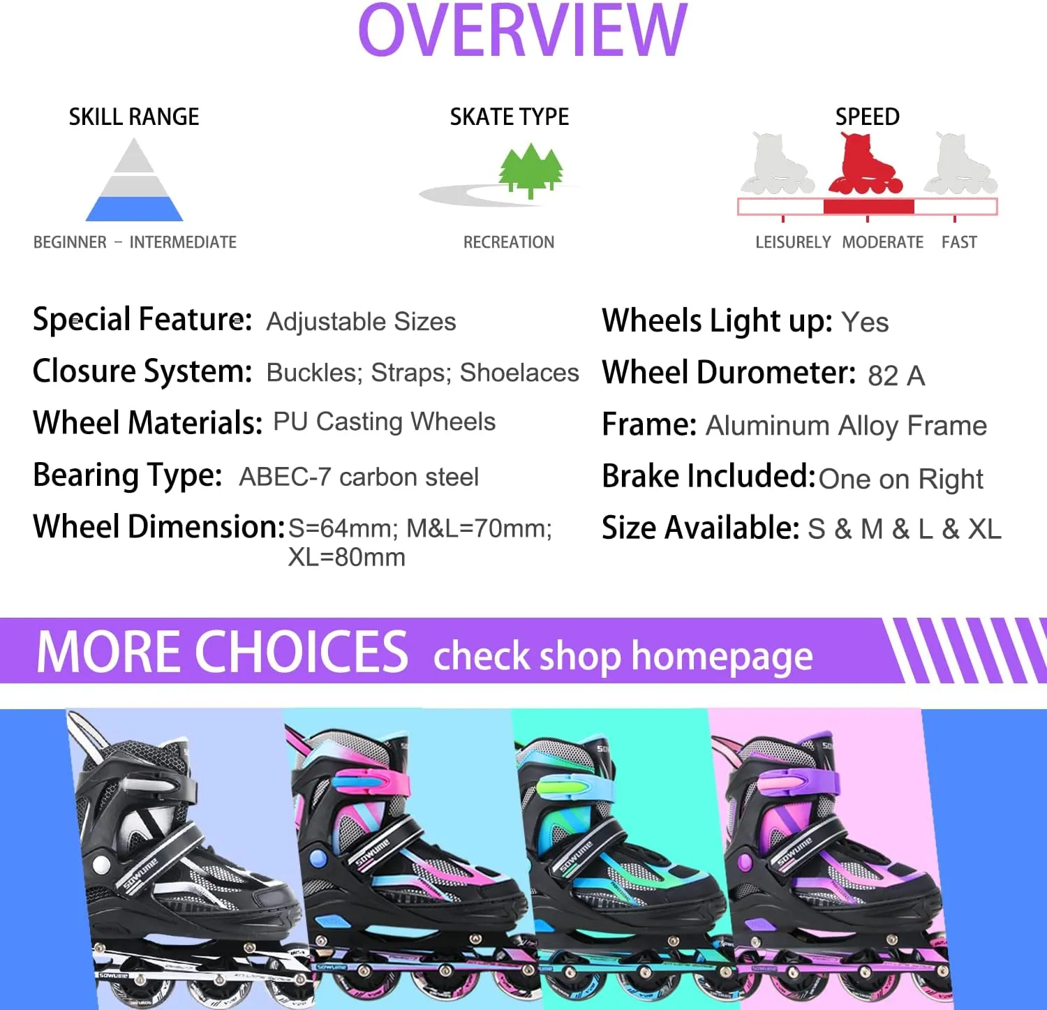 Sowume Adjustable Inline Skates for Girls and Boys, Roller Skates with All Light Up Wheels, Patines para Mujer for Kids and Adults, Men, Women