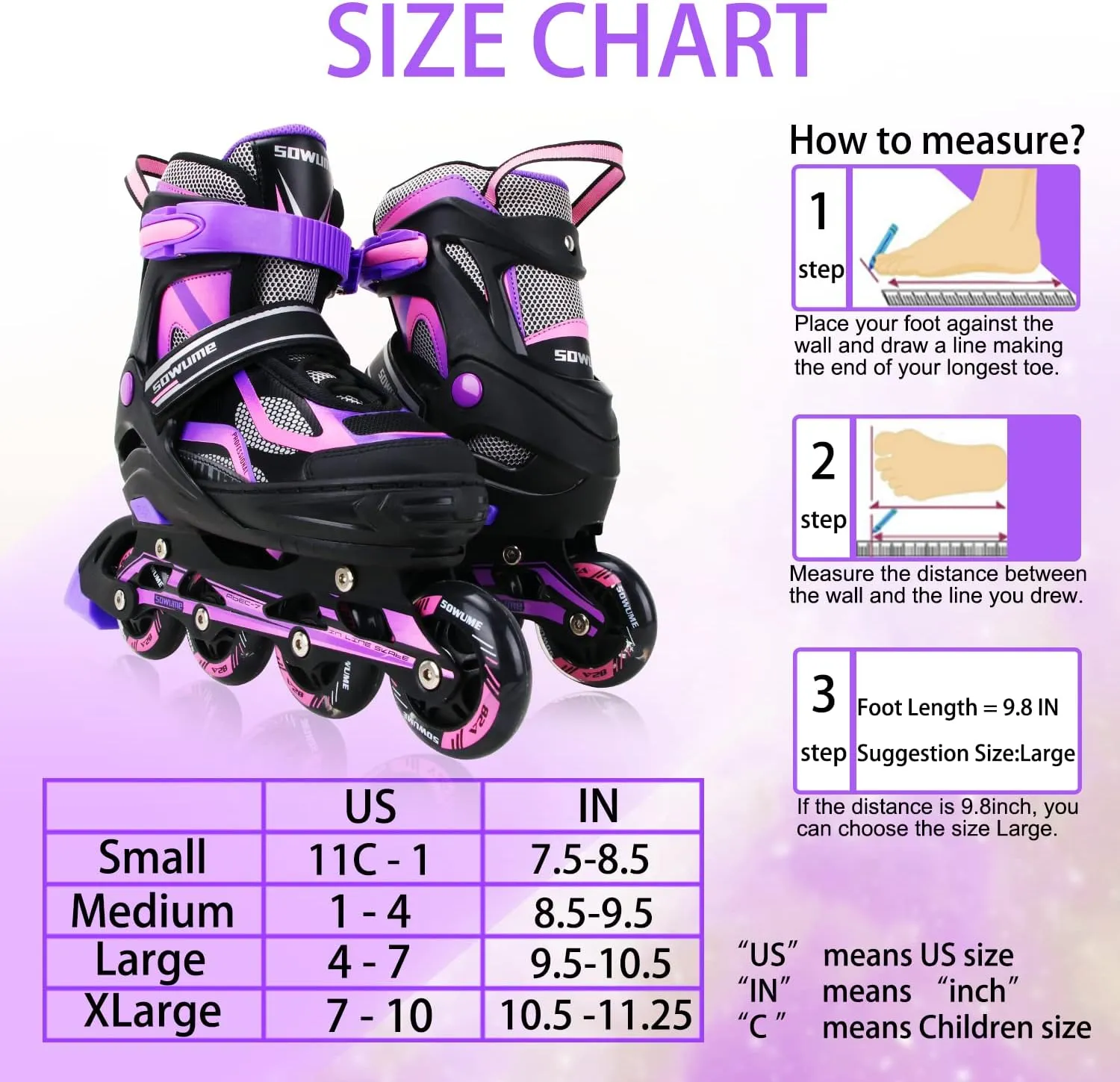 Sowume Adjustable Inline Skates for Girls and Boys, Roller Skates with All Light Up Wheels, Patines para Mujer for Kids and Adults, Men, Women