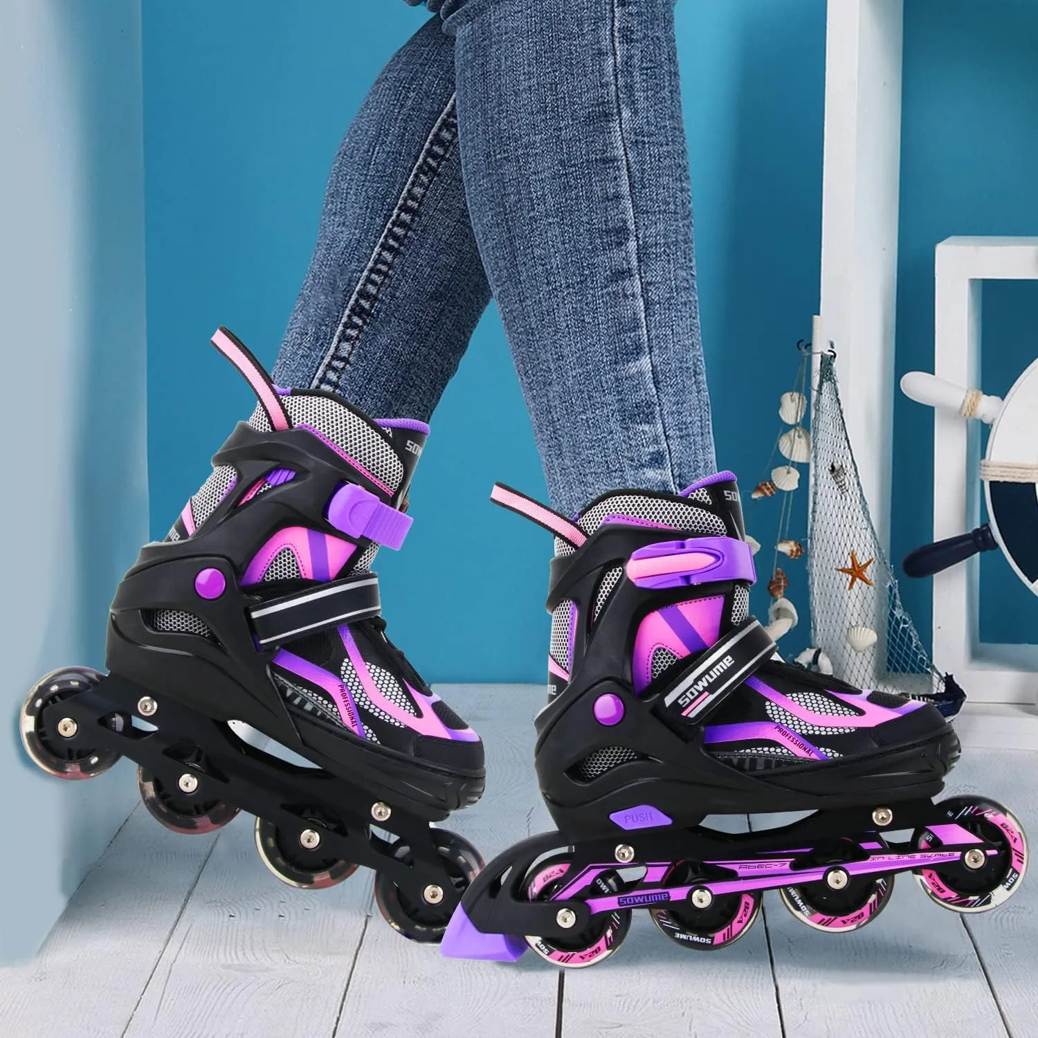 Sowume Adjustable Inline Skates for Girls and Boys, Roller Skates with All Light Up Wheels, Patines para Mujer for Kids and Adults, Men, Women