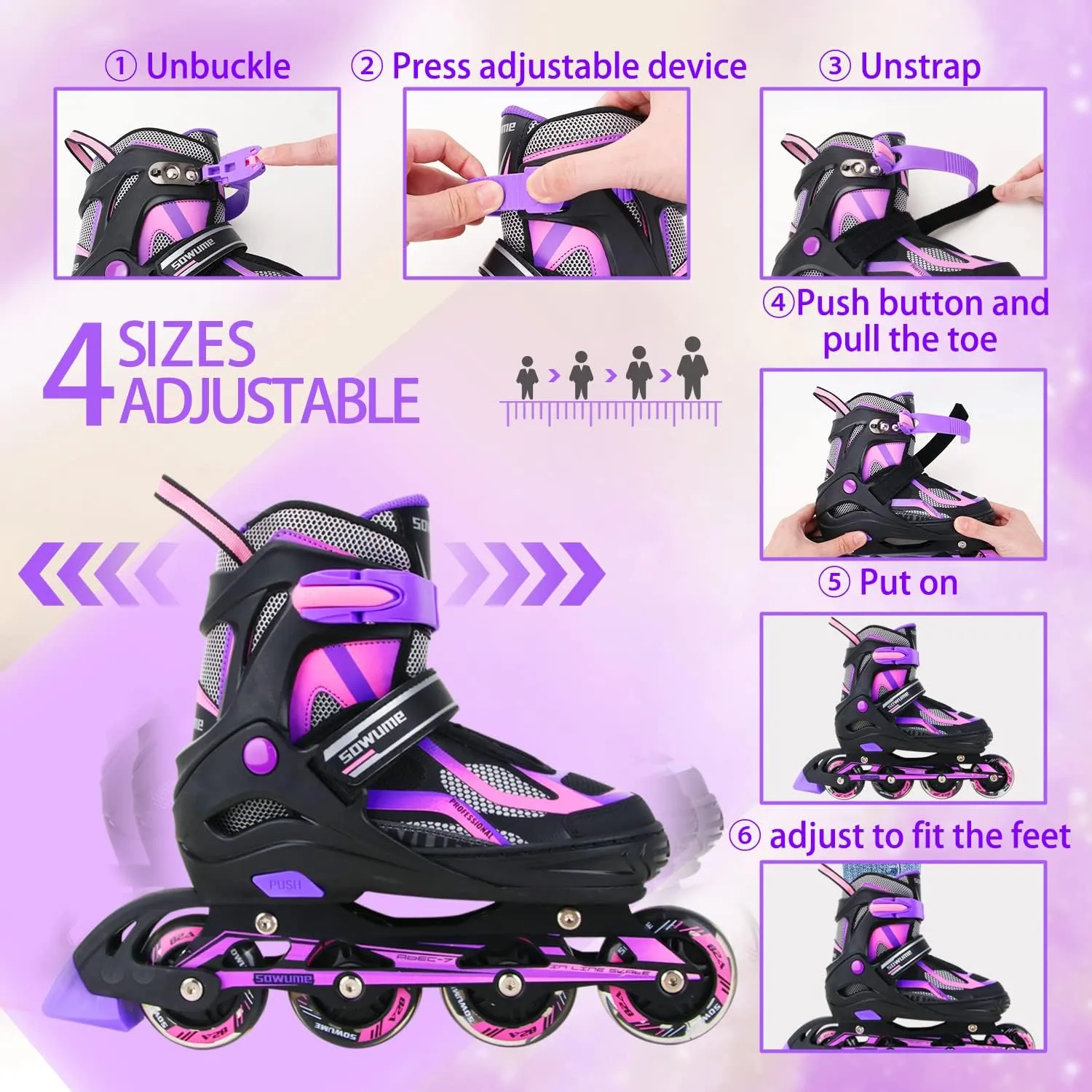 Sowume Adjustable Inline Skates for Girls and Boys, Roller Skates with All Light Up Wheels, Patines para Mujer for Kids and Adults, Men, Women