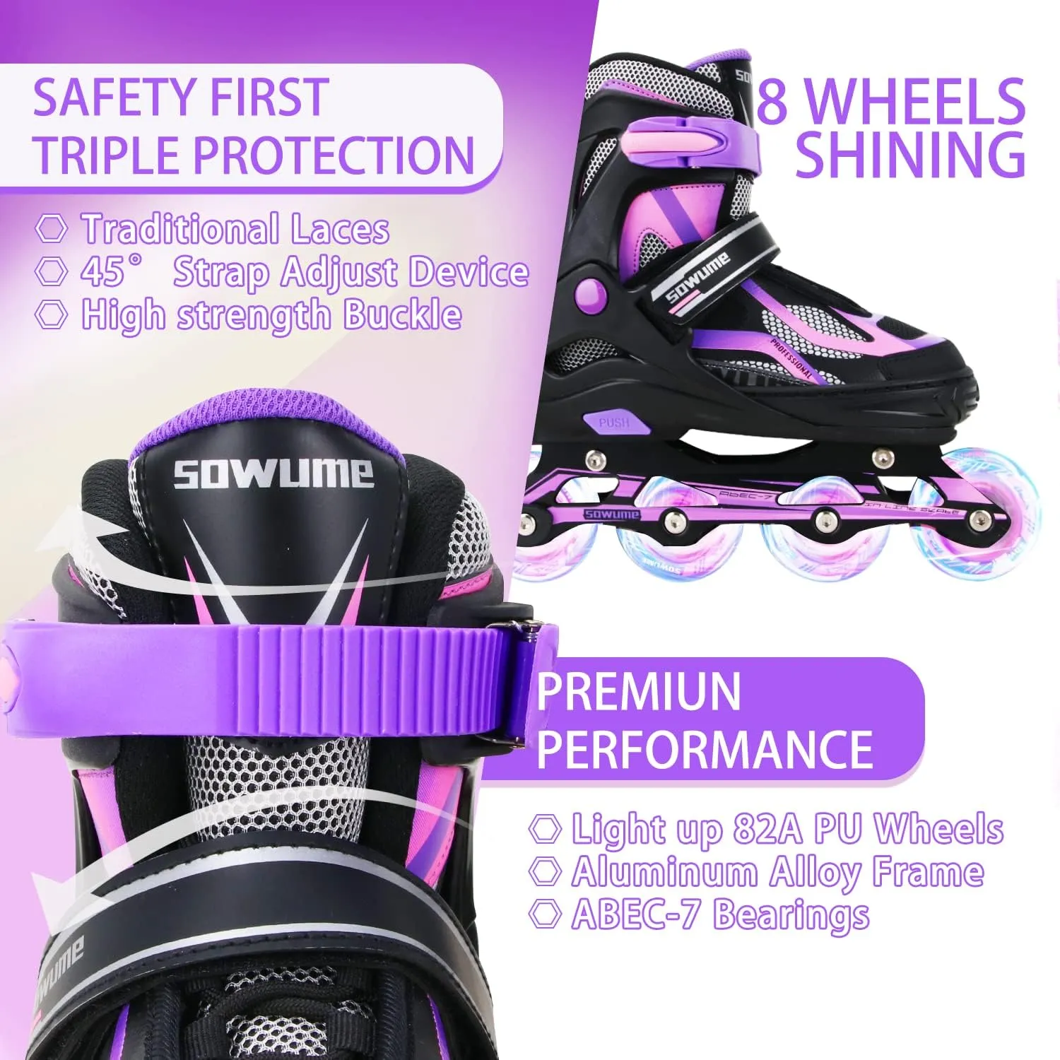 Sowume Adjustable Inline Skates for Girls and Boys, Roller Skates with All Light Up Wheels, Patines para Mujer for Kids and Adults, Men, Women
