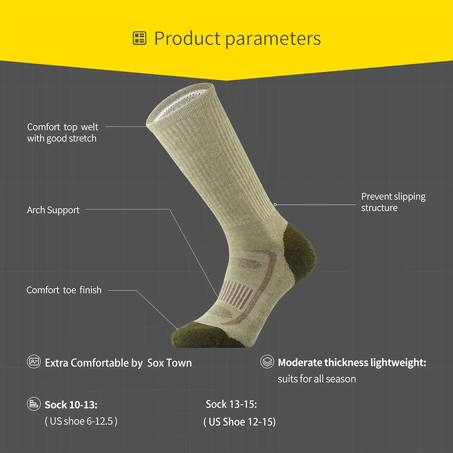 SOX TOWN Men's Merino Wool Cushion Crew Socks for Outdoor Hiking Hike Trail Performance Moisture Wicking Lightweight Summer