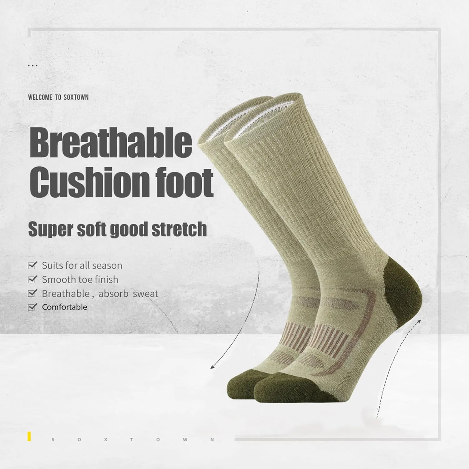 SOX TOWN Men's Merino Wool Cushion Crew Socks for Outdoor Hiking Hike Trail Performance Moisture Wicking Lightweight Summer