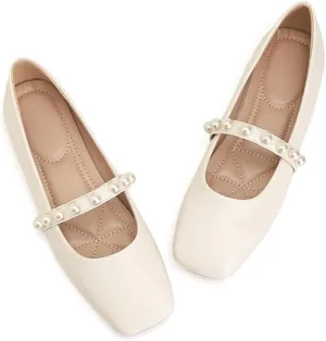 Square Toe Mary Jane Flats with Pearl Strap, Available in Beige, Black, Green, Blue