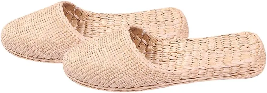 Straw Sandals Slippers Handmade Casual Sandals Rattan Woven Slipper Shoes Natural Straw Massage Flat Shoes Summer Braided Sandals for Indoor Outdoor (Light Yellow