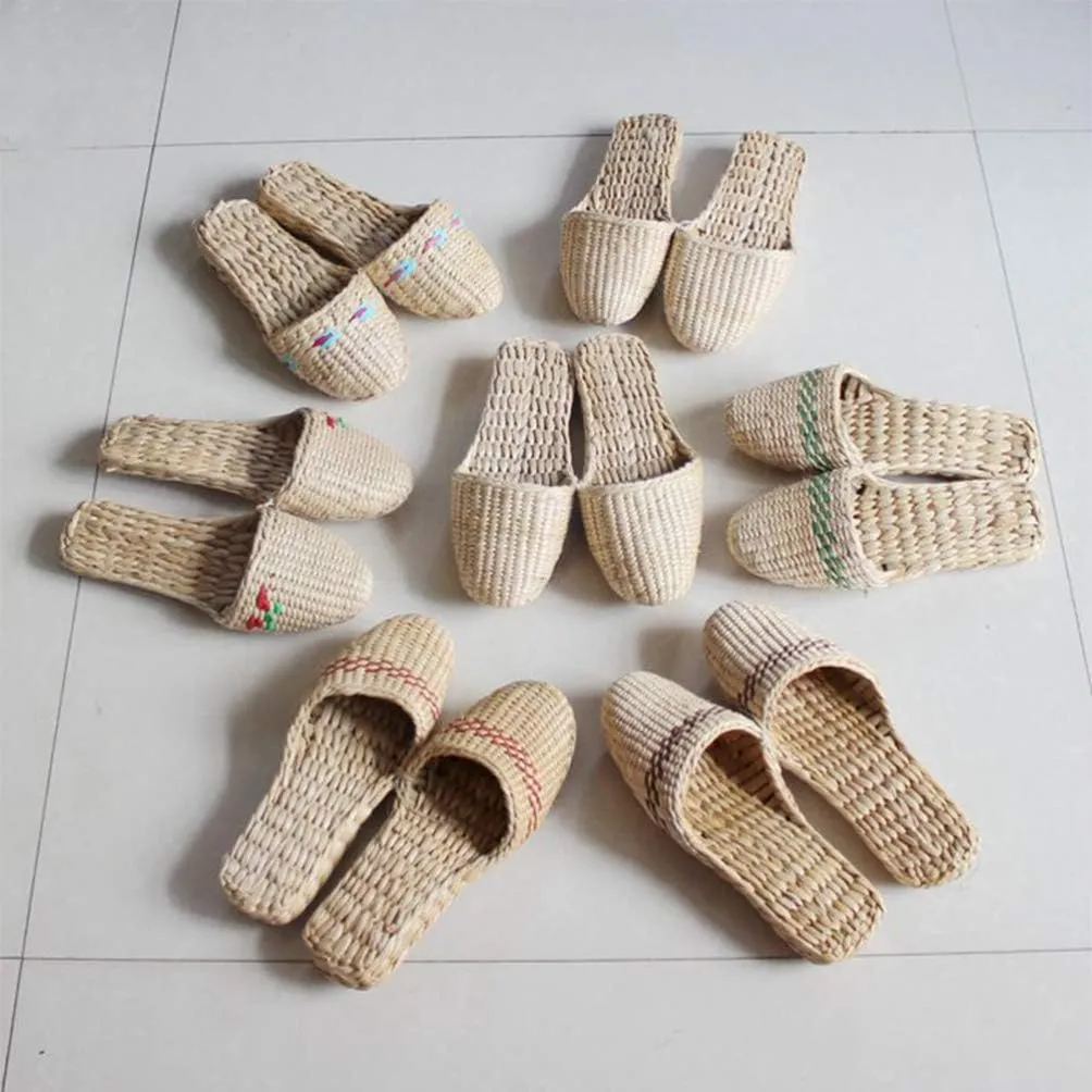 Straw Sandals Slippers Handmade Casual Sandals Rattan Woven Slipper Shoes Natural Straw Massage Flat Shoes Summer Braided Sandals for Indoor Outdoor (Light Yellow