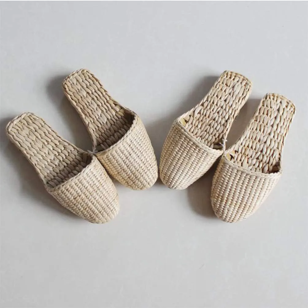 Straw Sandals Slippers Handmade Casual Sandals Rattan Woven Slipper Shoes Natural Straw Massage Flat Shoes Summer Braided Sandals for Indoor Outdoor (Light Yellow