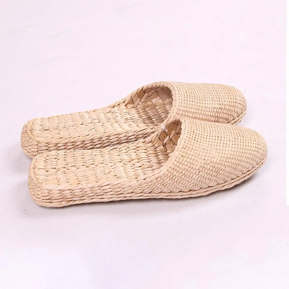 Straw Sandals Slippers Handmade Casual Sandals Rattan Woven Slipper Shoes Natural Straw Massage Flat Shoes Summer Braided Sandals for Indoor Outdoor (Light Yellow
