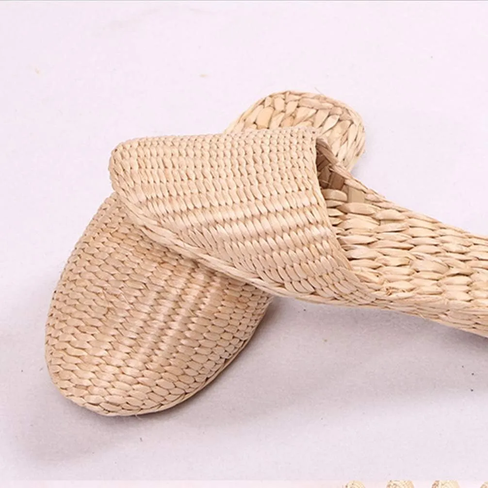 Straw Sandals Slippers Handmade Casual Sandals Rattan Woven Slipper Shoes Natural Straw Massage Flat Shoes Summer Braided Sandals for Indoor Outdoor (Light Yellow