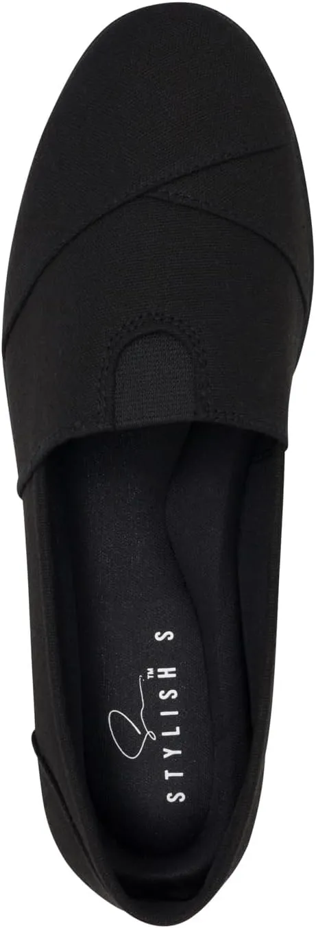 STYLISH S Comet ~ Women's Linen Seam Front Slip-On Flats Memory Foam Gel Insole (All Black Linen, 8)