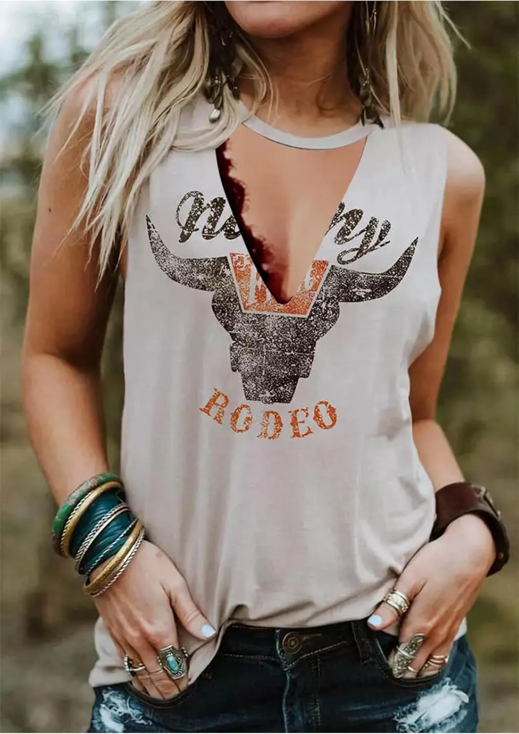 Summer Deep V Neck Tank Tops for Women Western Country Sleeveless Tee Shirts Teen Girls Sexy Casual Concert Tops Outfits