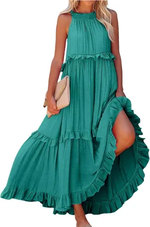 Summer Sleeveless Dress for Women Crew Halter Neck Tiered Pleated Loose Flowy Ruffle Maxi Sundress for Beach Vacation