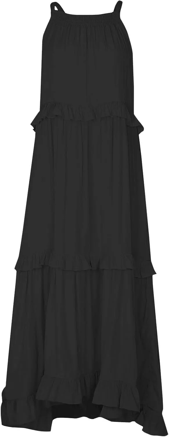 Summer Sleeveless Dress for Women Crew Halter Neck Tiered Pleated Loose Flowy Ruffle Maxi Sundress for Beach Vacation