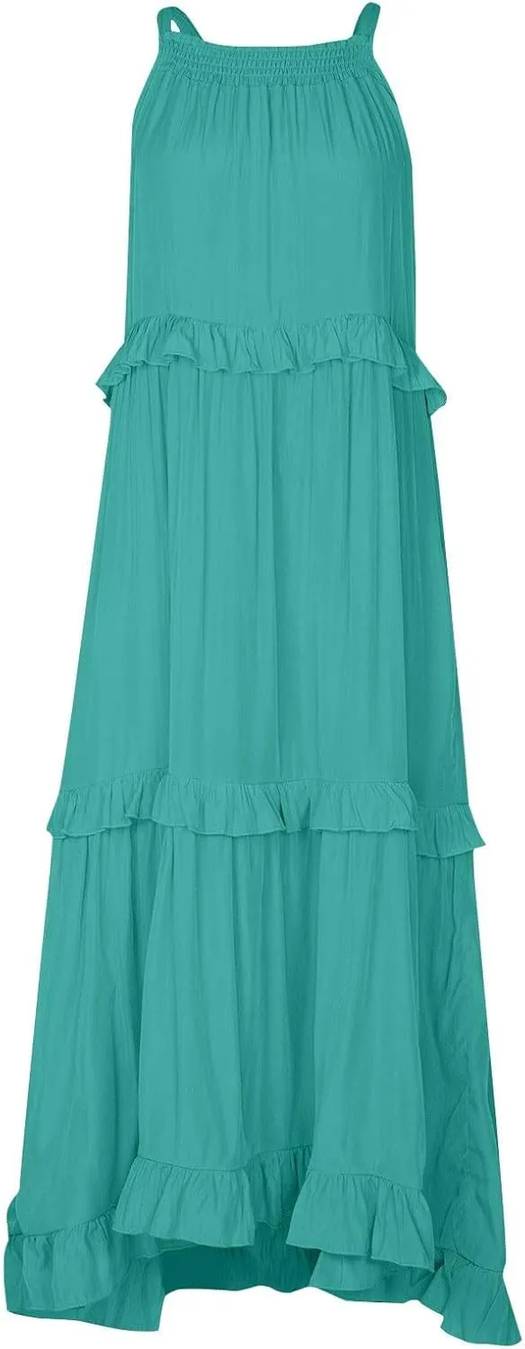Summer Sleeveless Dress for Women Crew Halter Neck Tiered Pleated Loose Flowy Ruffle Maxi Sundress for Beach Vacation