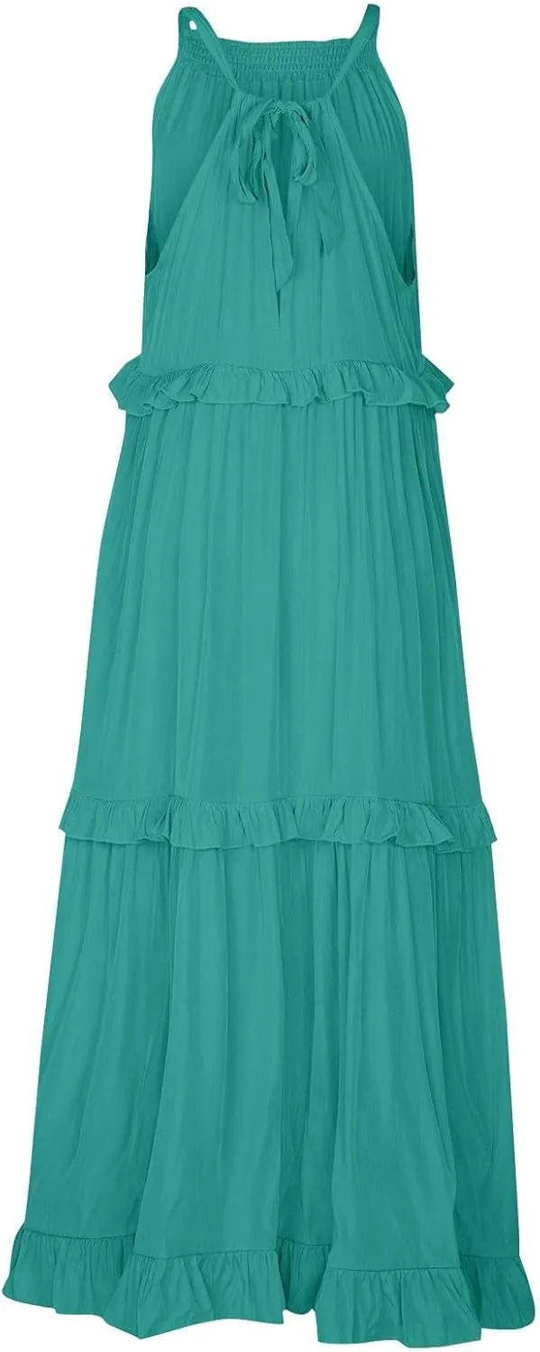 Summer Sleeveless Dress for Women Crew Halter Neck Tiered Pleated Loose Flowy Ruffle Maxi Sundress for Beach Vacation