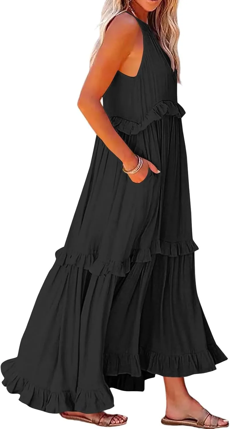 Summer Sleeveless Dress for Women Crew Halter Neck Tiered Pleated Loose Flowy Ruffle Maxi Sundress for Beach Vacation
