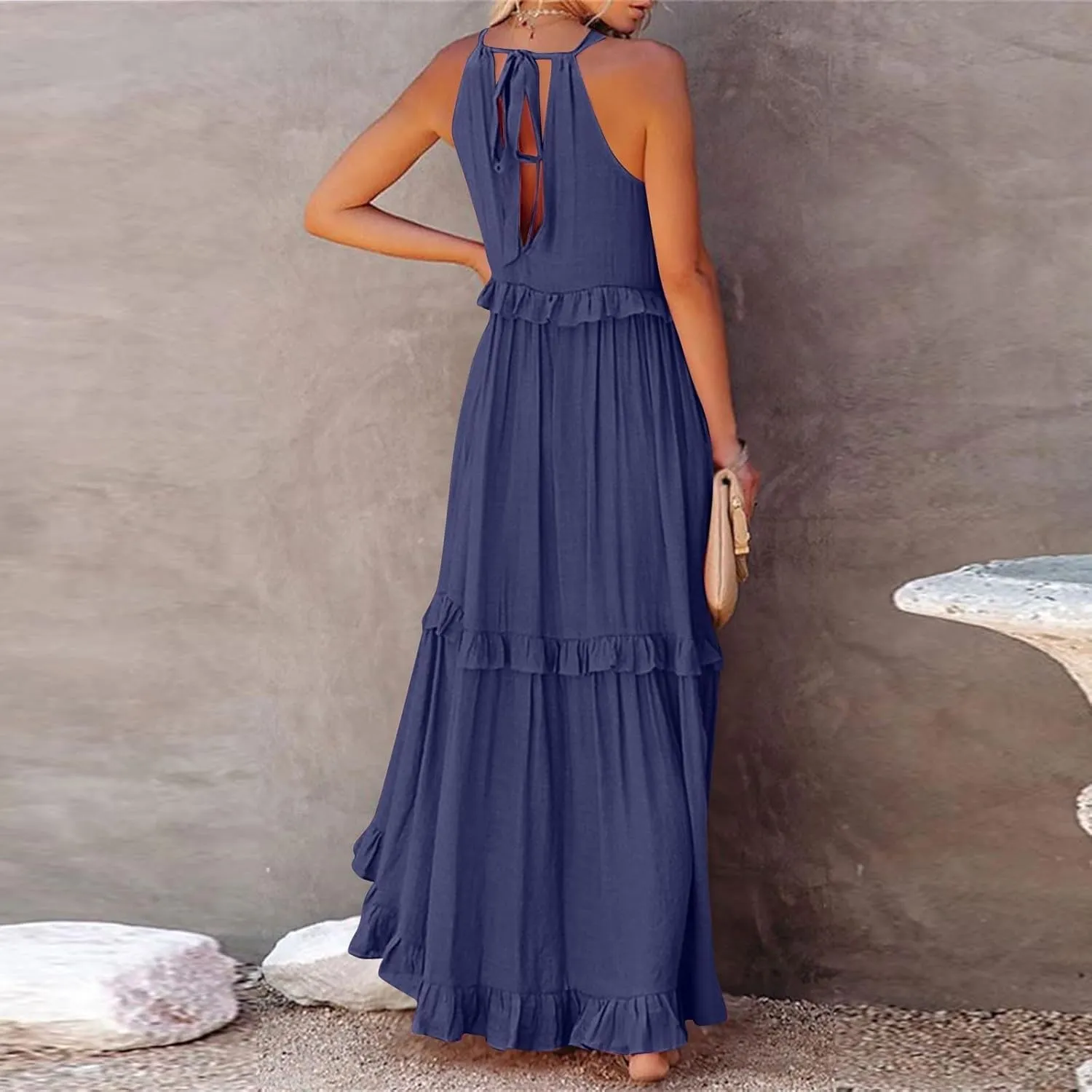 Summer Sleeveless Dress for Women Crew Halter Neck Tiered Pleated Loose Flowy Ruffle Maxi Sundress for Beach Vacation